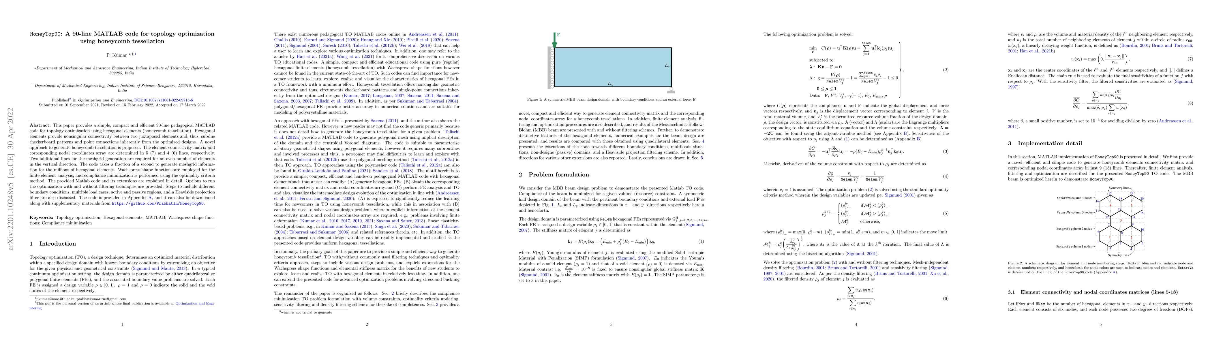 Thumbnail for HoneyTop90: A 90-line MATLAB code for topology optimization using
  honeycomb tessellation