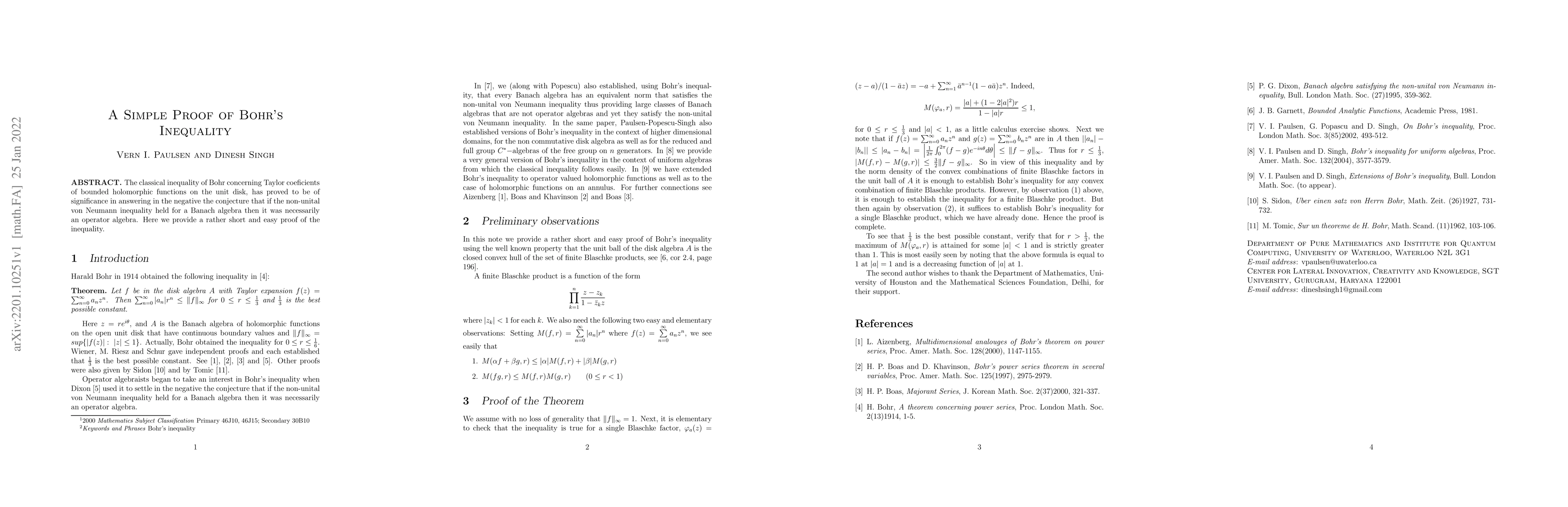 Thumbnail for A Simple Proof of Bohr's Inequality