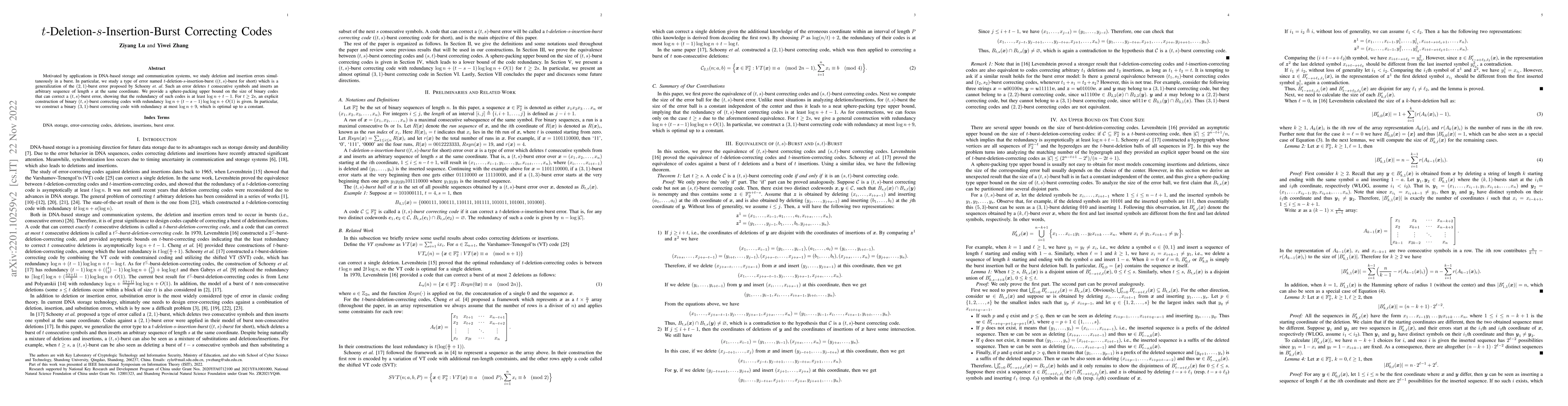 Thumbnail for t-Deletion-s-Insertion-Burst Correcting Codes