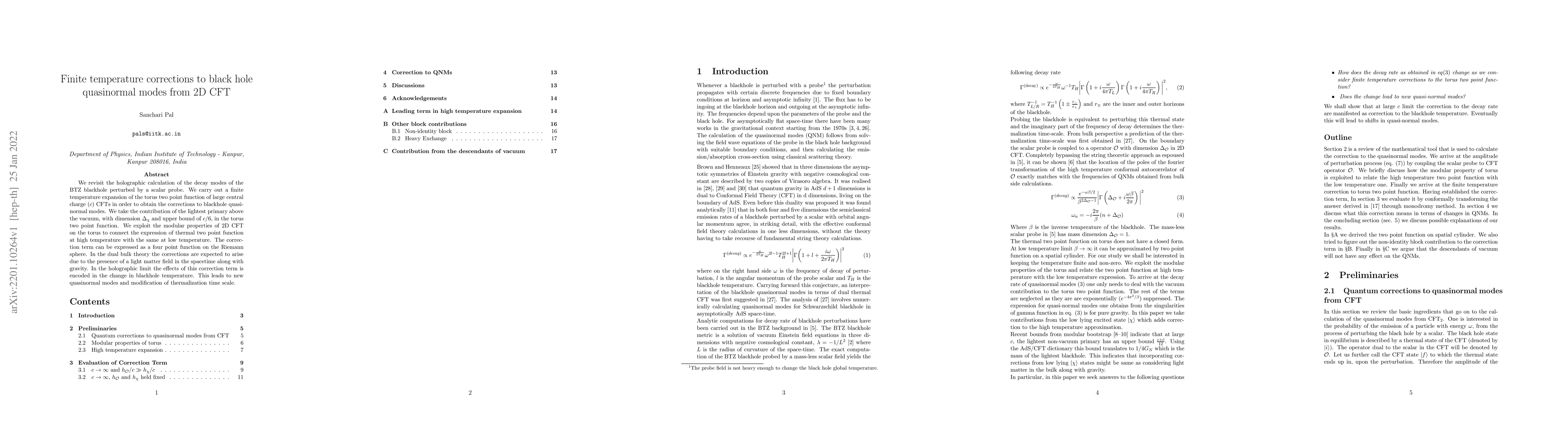 Thumbnail for Finite temperature corrections to black hole quasinormal modes from 2D
  CFT