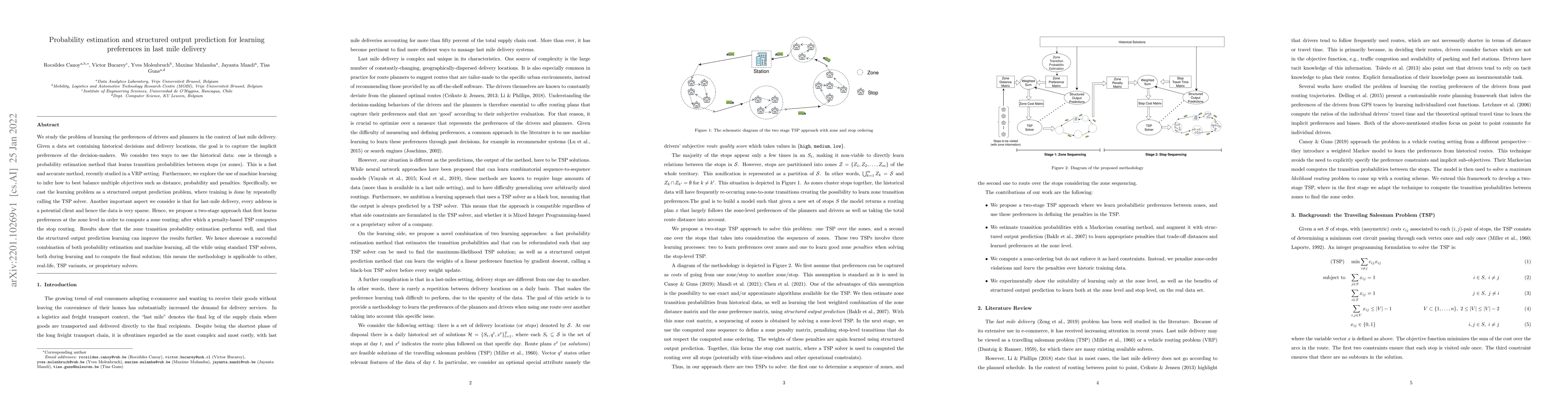 Thumbnail for Probability estimation and structured output prediction for learning
  preferences in last mile delivery