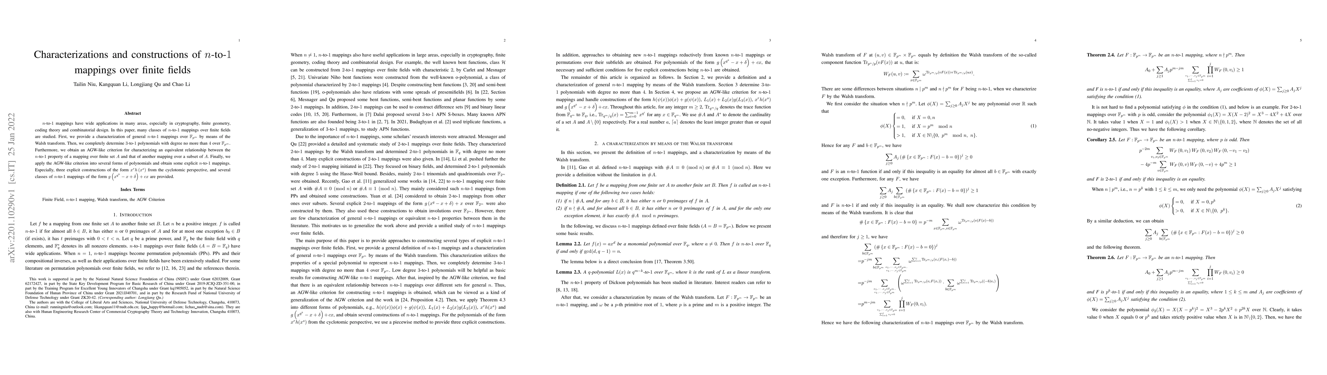 Thumbnail for Characterizations and constructions of n-to-1 mappings over finite
  fields