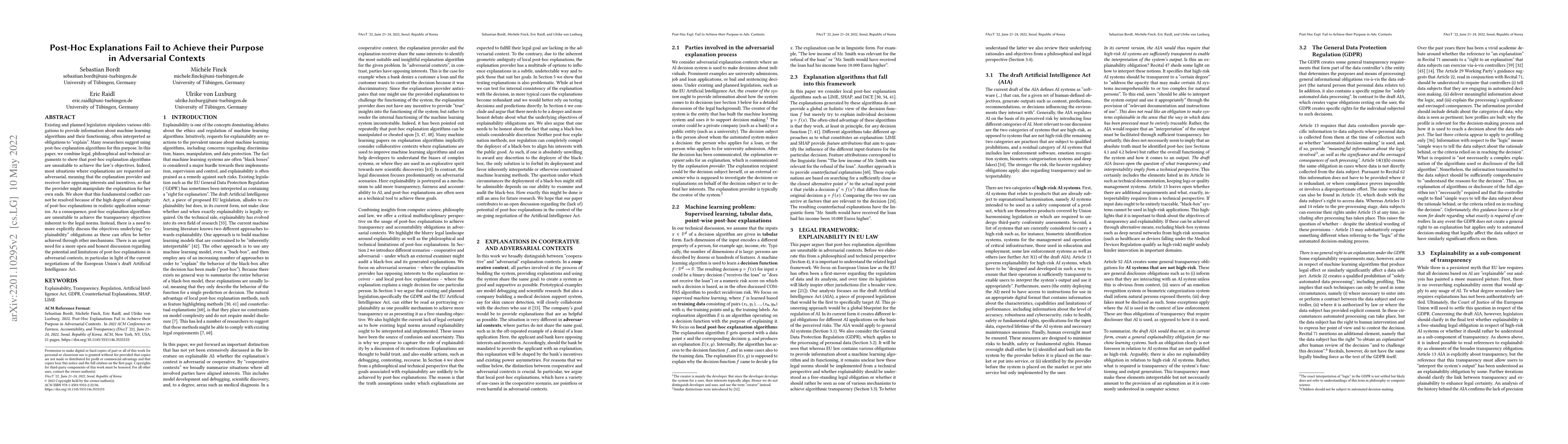 Thumbnail for Post-Hoc Explanations Fail to Achieve their Purpose in Adversarial
  Contexts