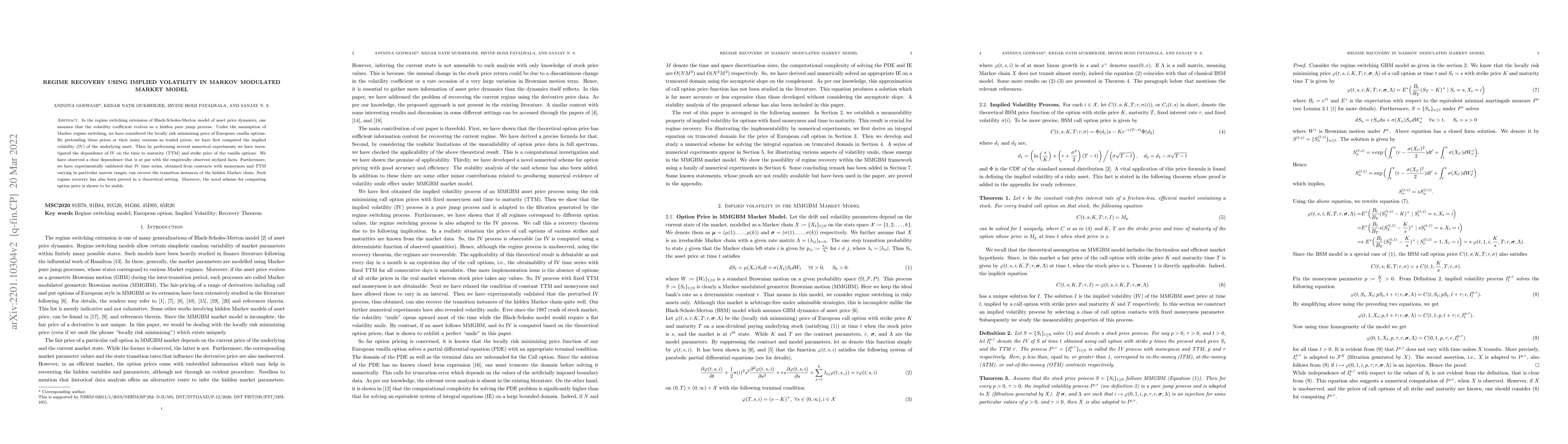 Thumbnail for Regime recovery using implied volatility in Markov modulated market
  model