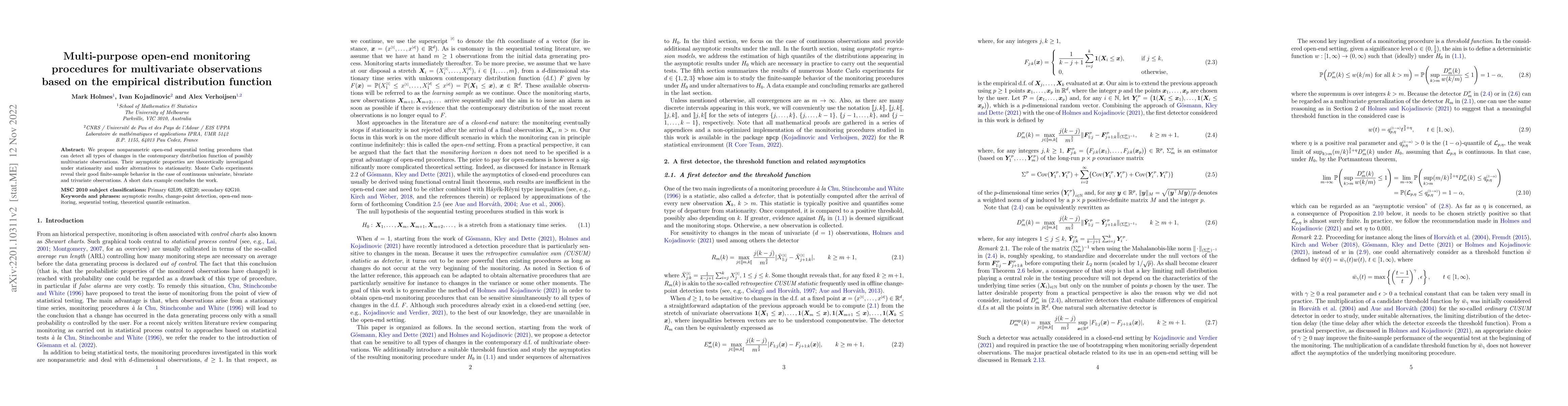 Thumbnail for Multi-purpose open-end monitoring procedures for multivariate
  observations based on the empirical distribution function