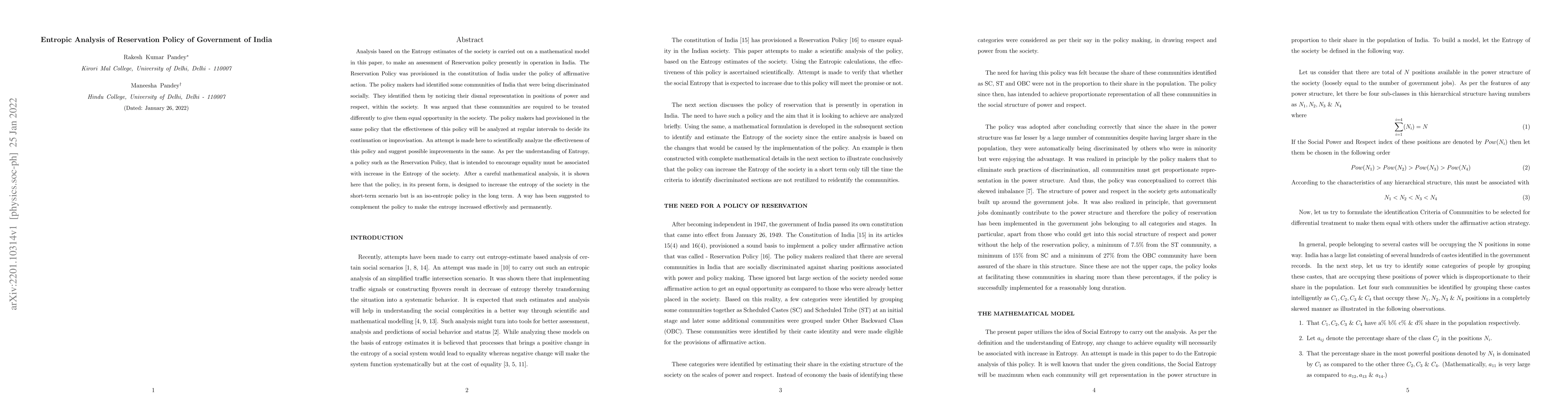 Thumbnail for Entropic Analysis of Reservation Policy of Government of India