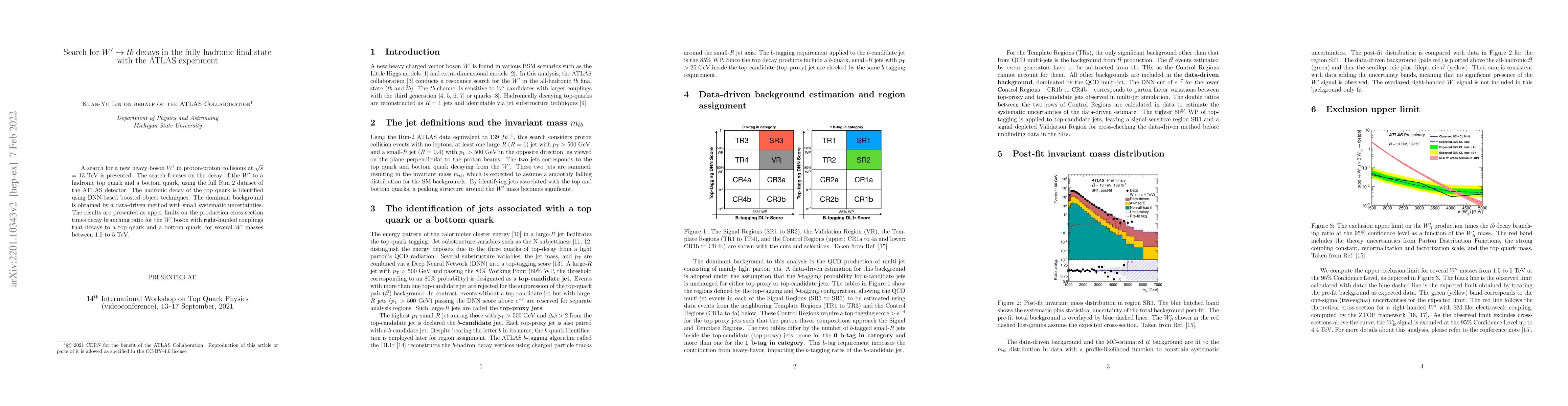 Thumbnail for Search for $W^{\prime} \to tb$ decays in the fully hadronic final state
  with the ATLAS experiment