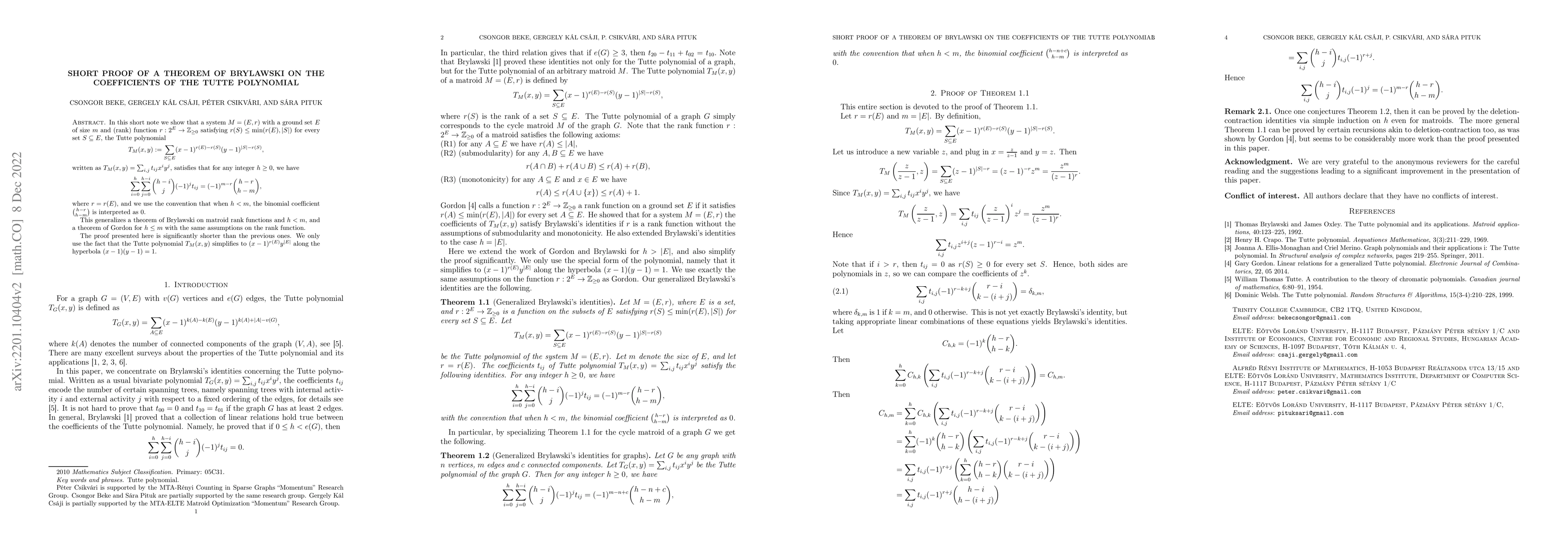 Thumbnail for Short proof of a theorem of Brylawski on the coefficients of the Tutte
  polynomial