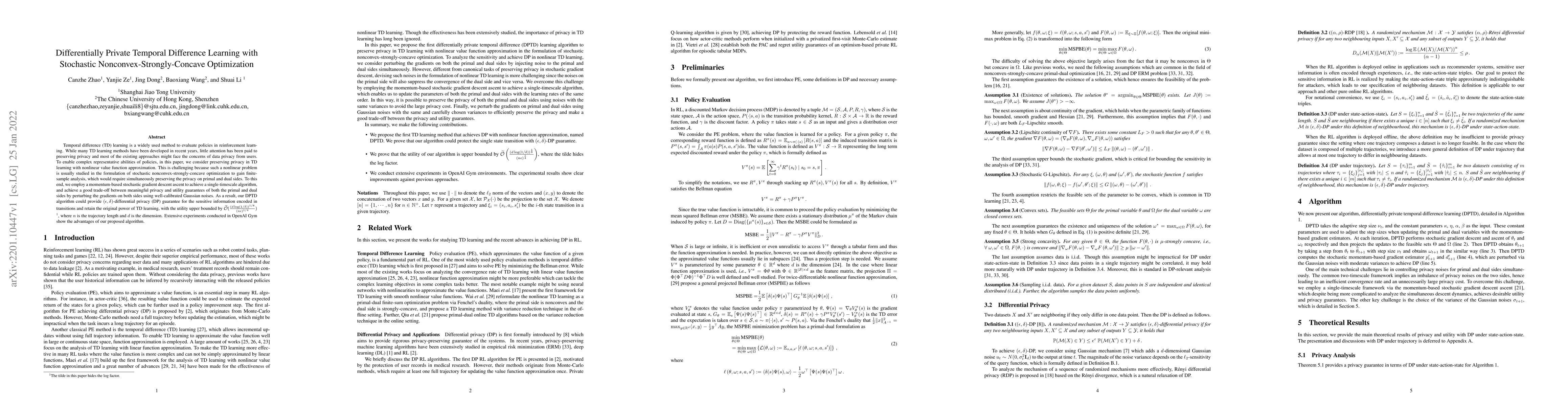 Thumbnail for Differentially Private Temporal Difference Learning with Stochastic
  Nonconvex-Strongly-Concave Optimization