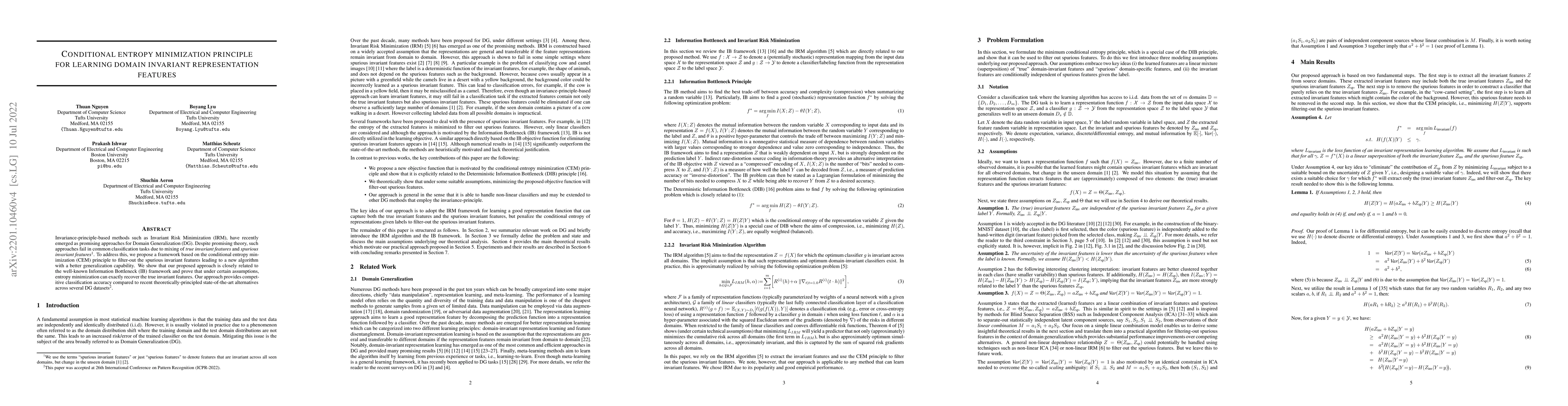Thumbnail for Conditional entropy minimization principle for learning domain invariant
  representation features