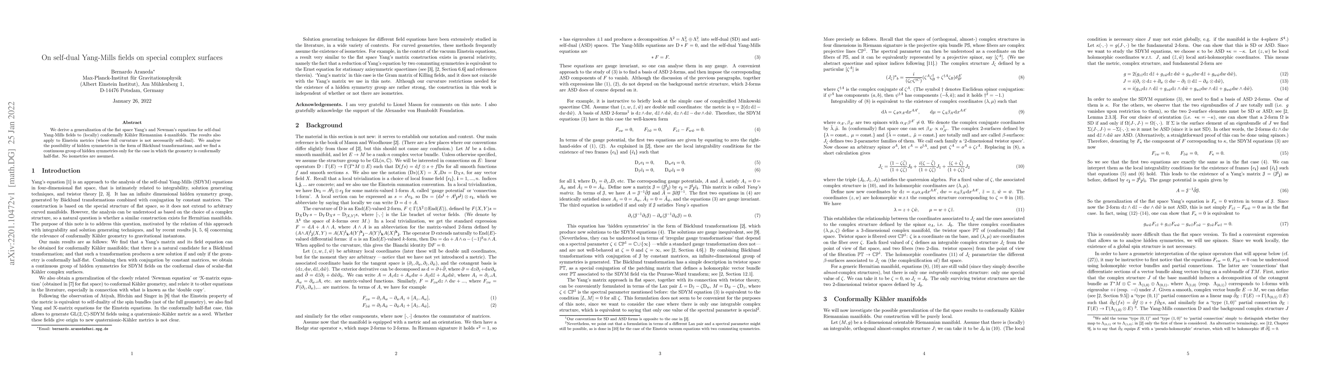 Thumbnail for On self-dual Yang-Mills fields on special complex surfaces