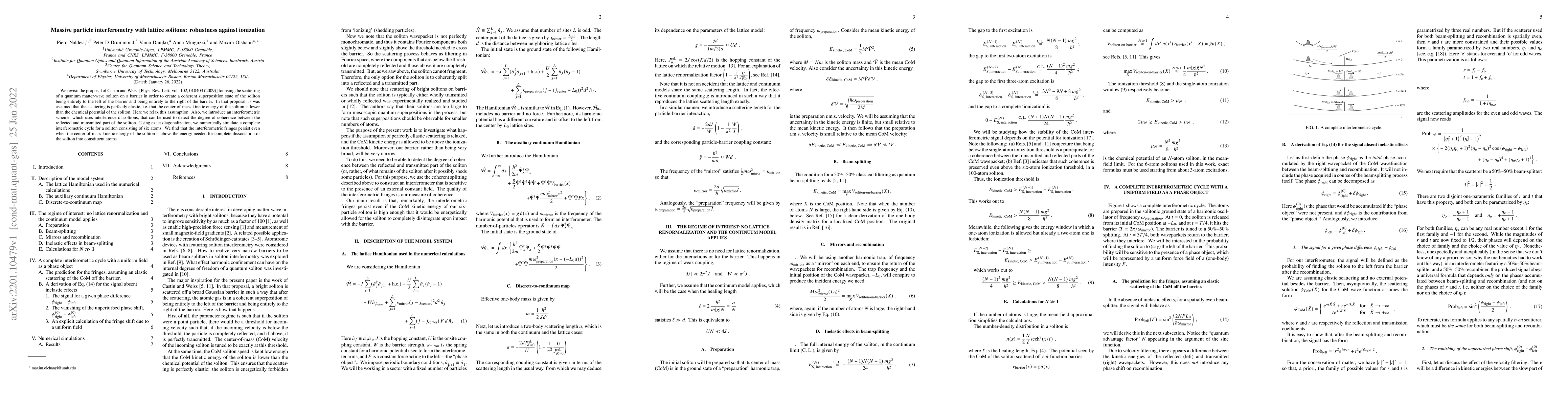 Thumbnail for Massive particle interferometry with lattice solitons: robustness
  against ionization