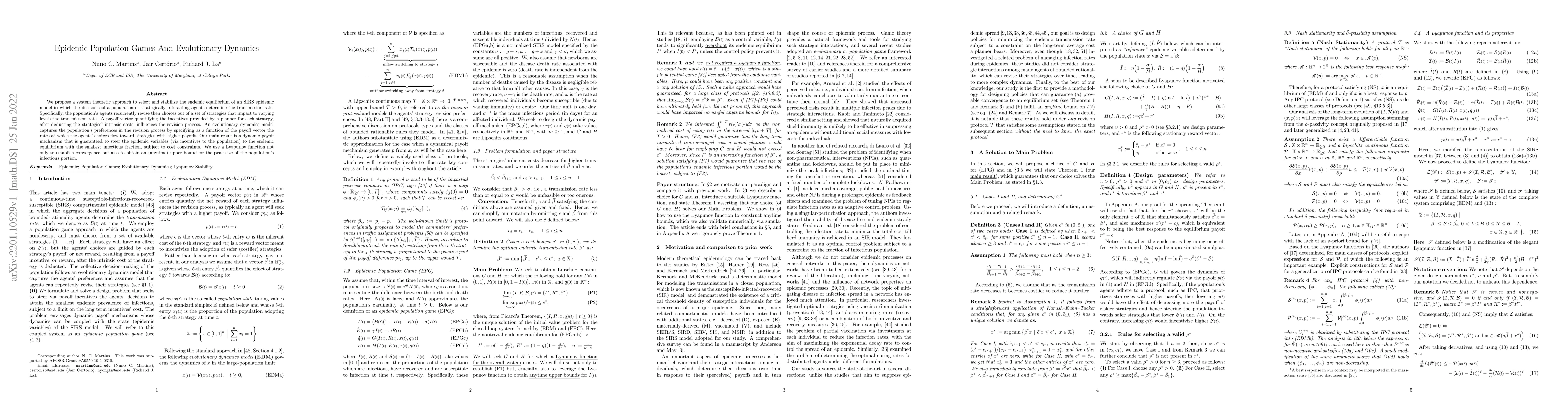 Thumbnail for Epidemic Population Games And Evolutionary Dynamics