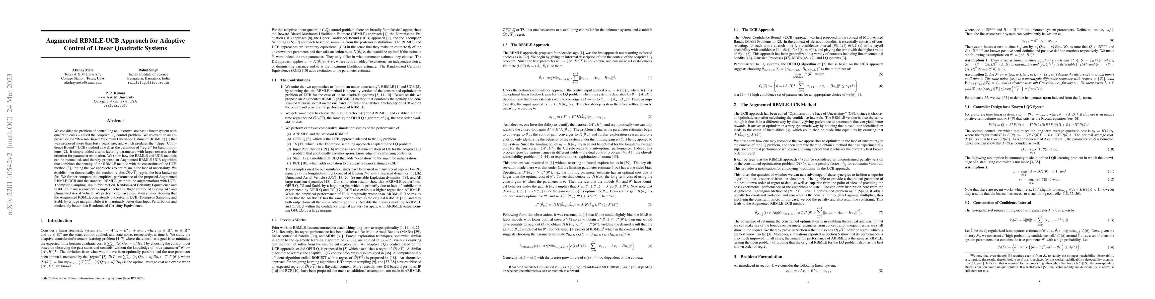Thumbnail for Augmented RBMLE-UCB Approach for Adaptive Control of Linear Quadratic
  Systems