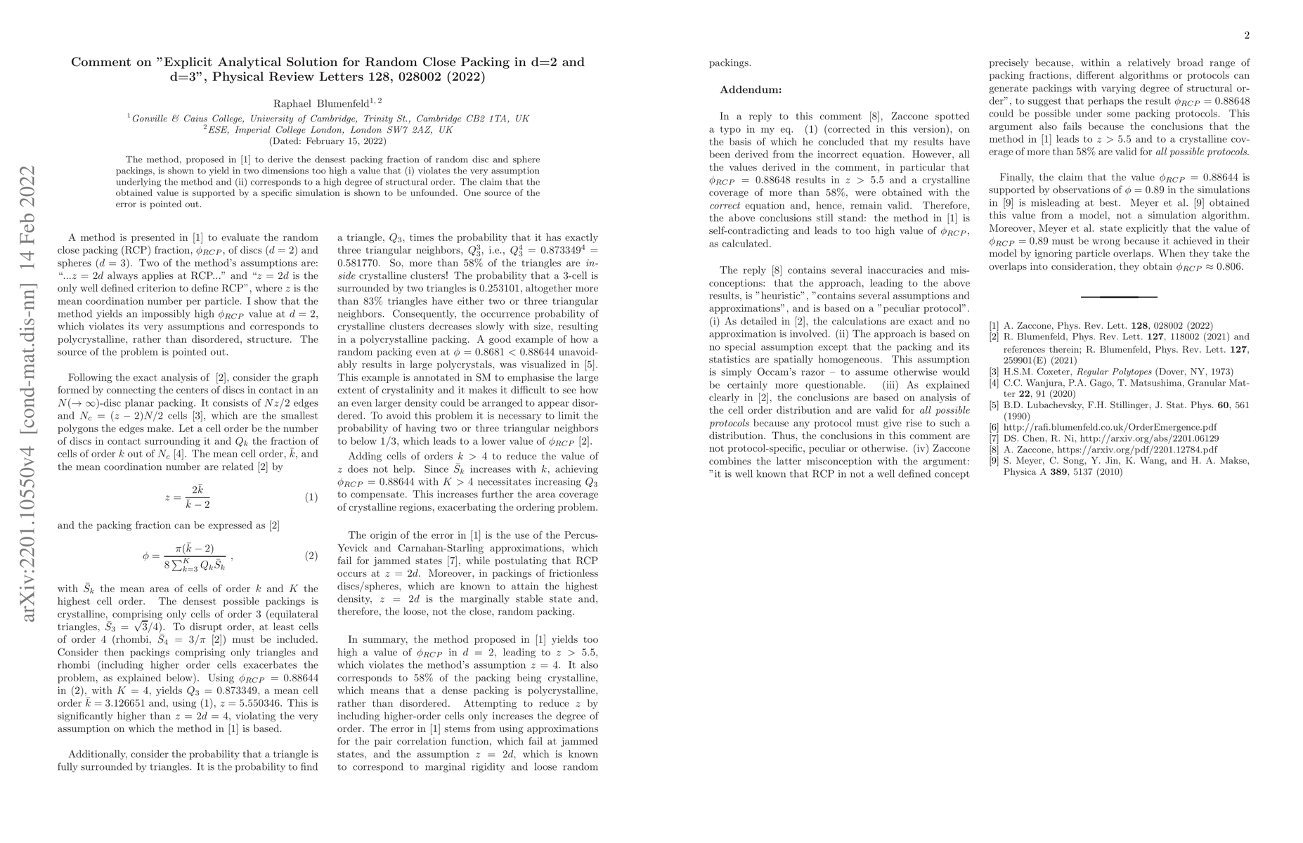 Thumbnail for Comment on "Explicit Analytical Solution for Random Close Packing in d=2
  and d=3", Physical Review Letters {\bf 128}, 028002 (2022)