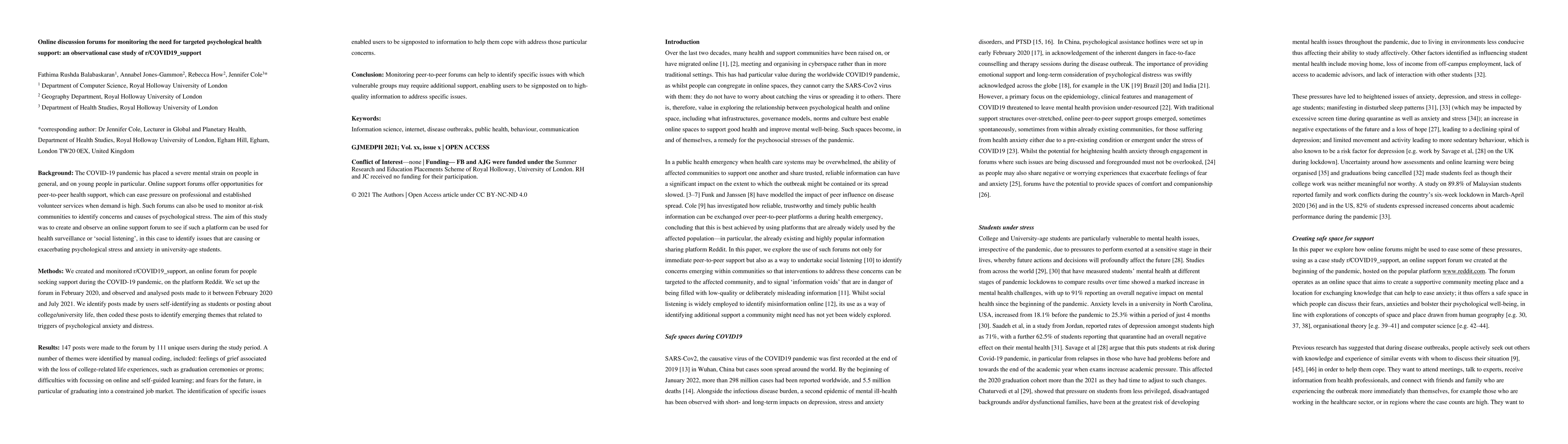 Thumbnail for Online discussion forums for monitoring the need for targeted
  psychological health support: an observational case study of
  r/COVID19_support