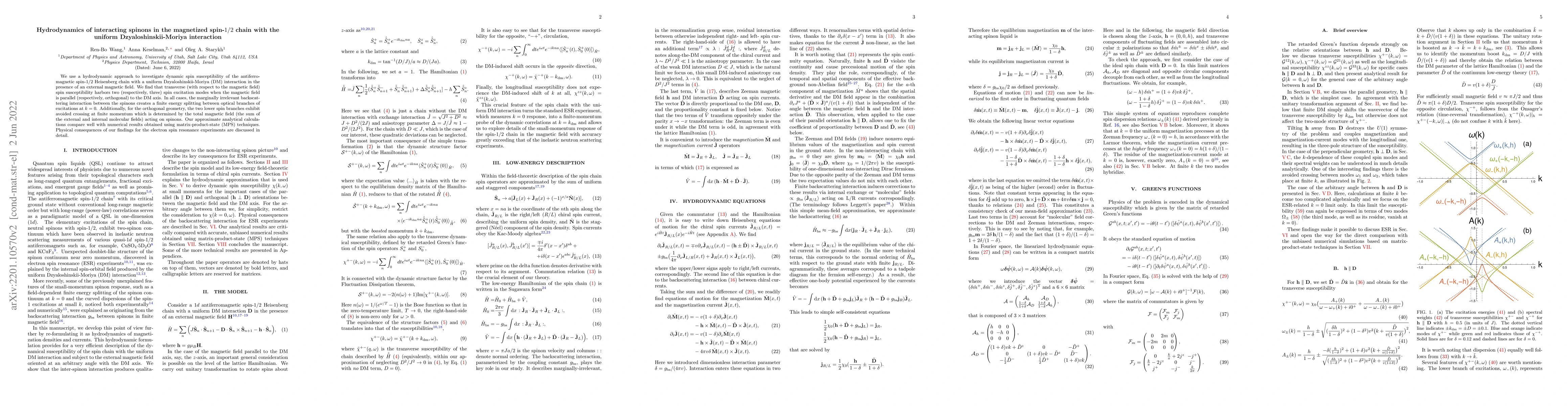 Thumbnail for Hydrodynamics of interacting spinons in the magnetized spin-$1/2$ chain
  with the uniform Dzyaloshinskii-Moriya interaction