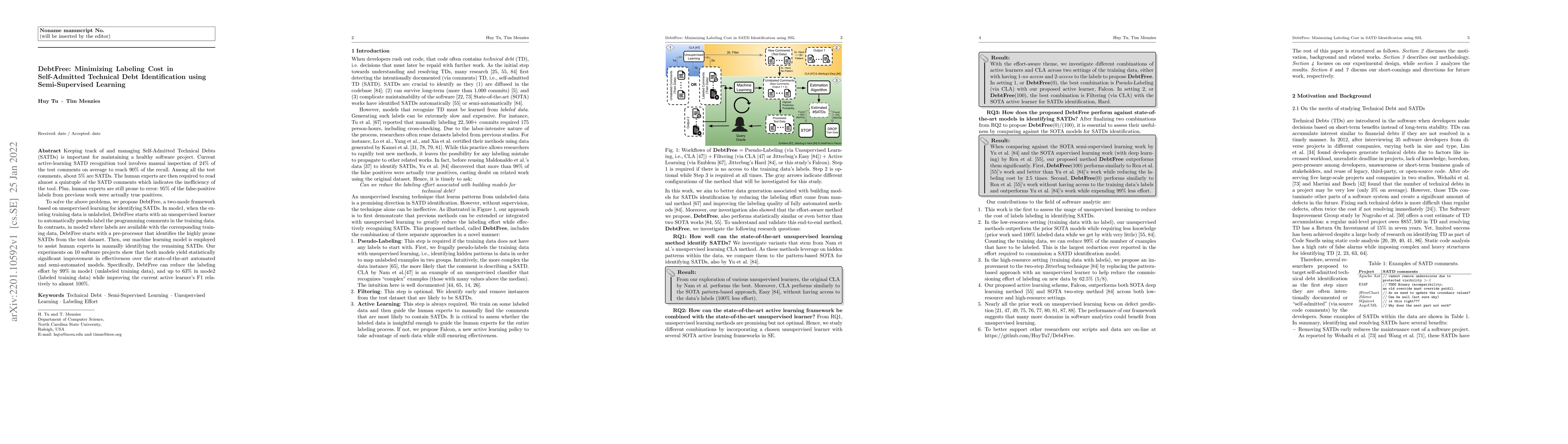 Thumbnail for DebtFree: Minimizing Labeling Cost in Self-Admitted Technical Debt
  Identification using Semi-Supervised Learning