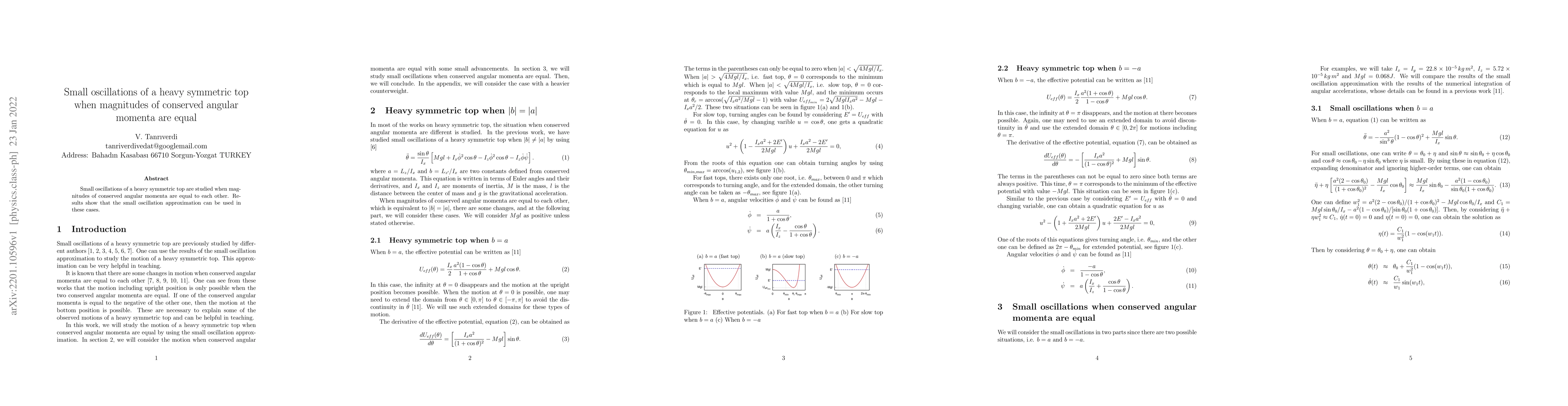 Thumbnail for Small oscillations of a heavy symmetric top when magnitudes of conserved
  angular momenta are equal