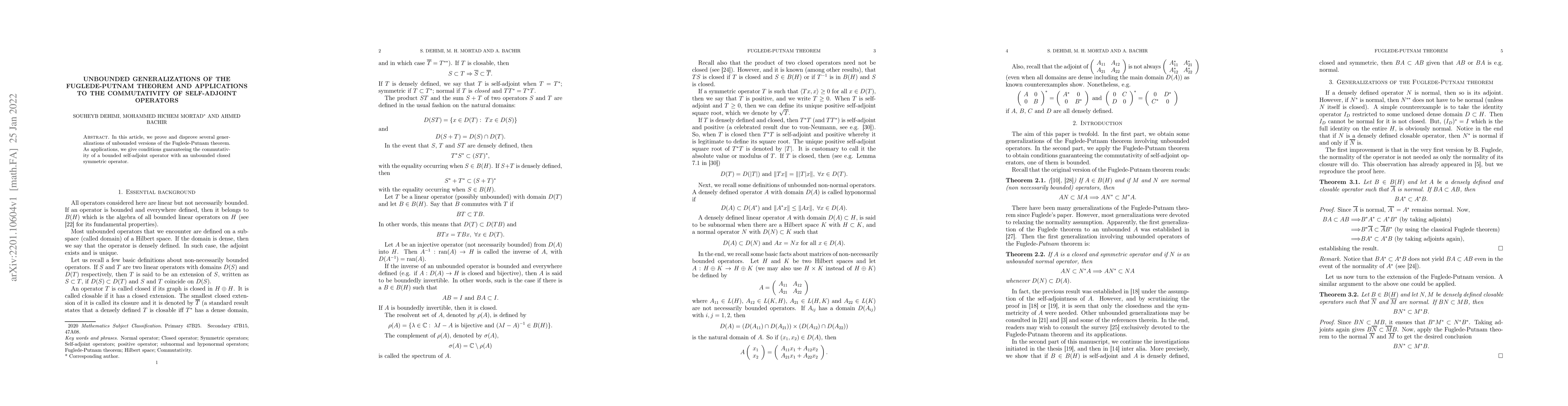 Thumbnail for Unbounded generalizations of the Fuglede-Putnam theorem and applications
  to the commutativity of self-adjoint operators
