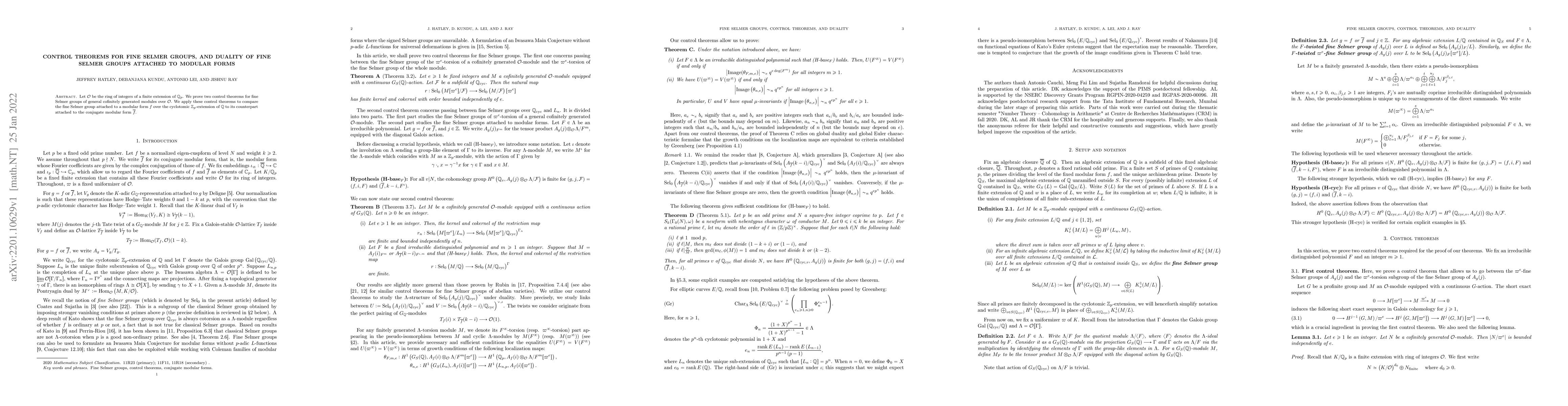 Thumbnail for Control theorems for fine Selmer groups, and duality of fine Selmer
  groups attached to modular forms