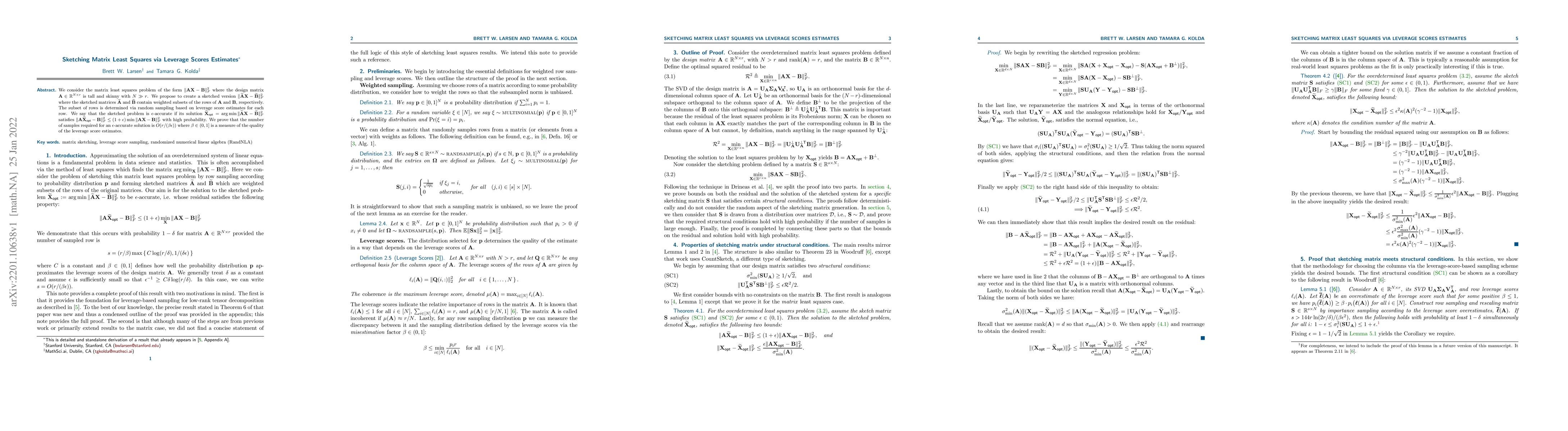 Thumbnail for Sketching Matrix Least Squares via Leverage Scores Estimates