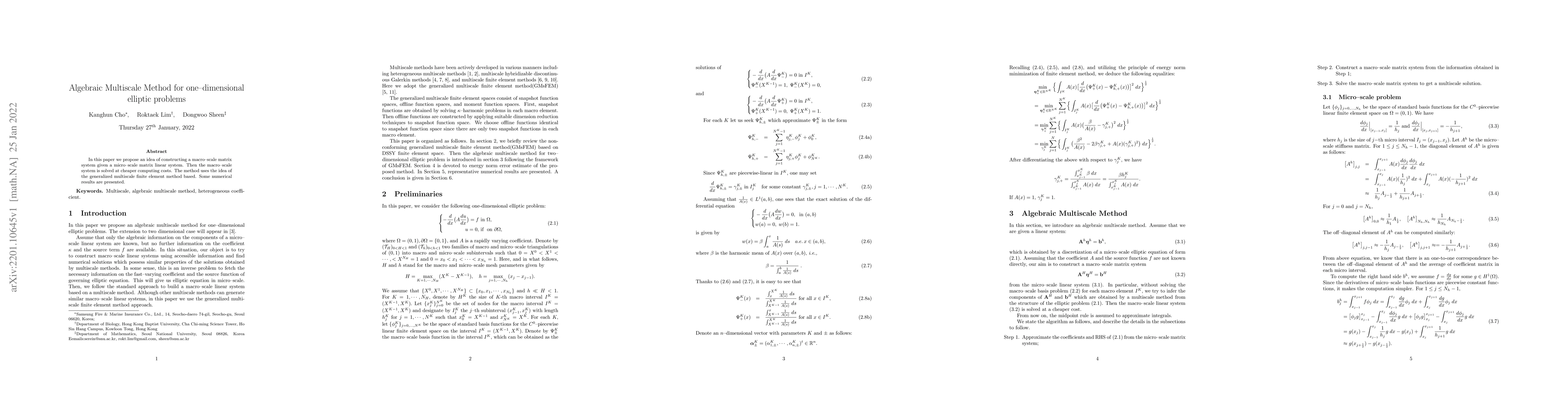 Thumbnail for Algebraic Multiscale Method for one--dimensional elliptic problems