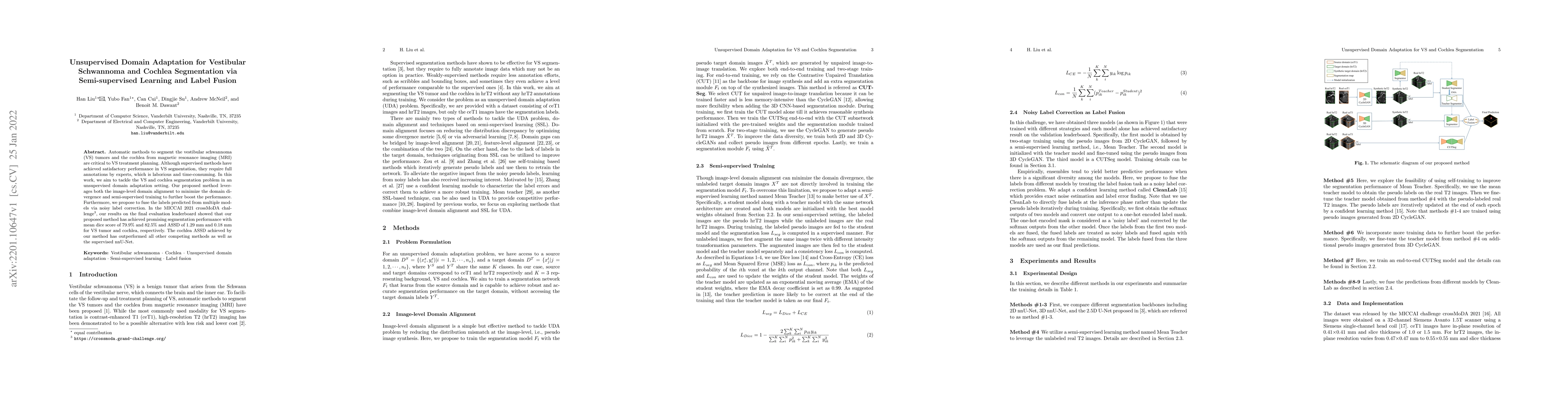 Thumbnail for Unsupervised Domain Adaptation for Vestibular Schwannoma and Cochlea
  Segmentation via Semi-supervised Learning and Label Fusion