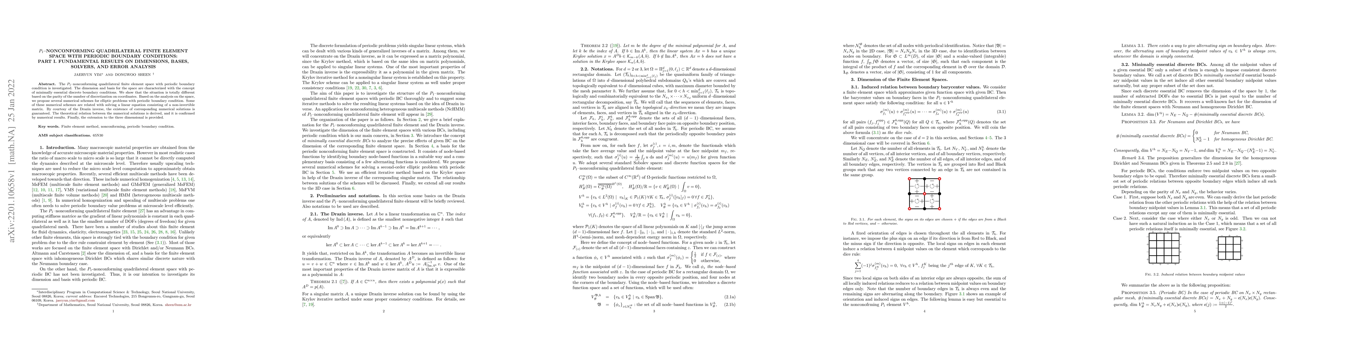 Thumbnail for $P_1$--Nonconforming Quadrilateral Finite Element Space with Periodic
  Boundary Conditions: Part I. Fundamental results on dimensions, bases,
  solvers, and error analysis