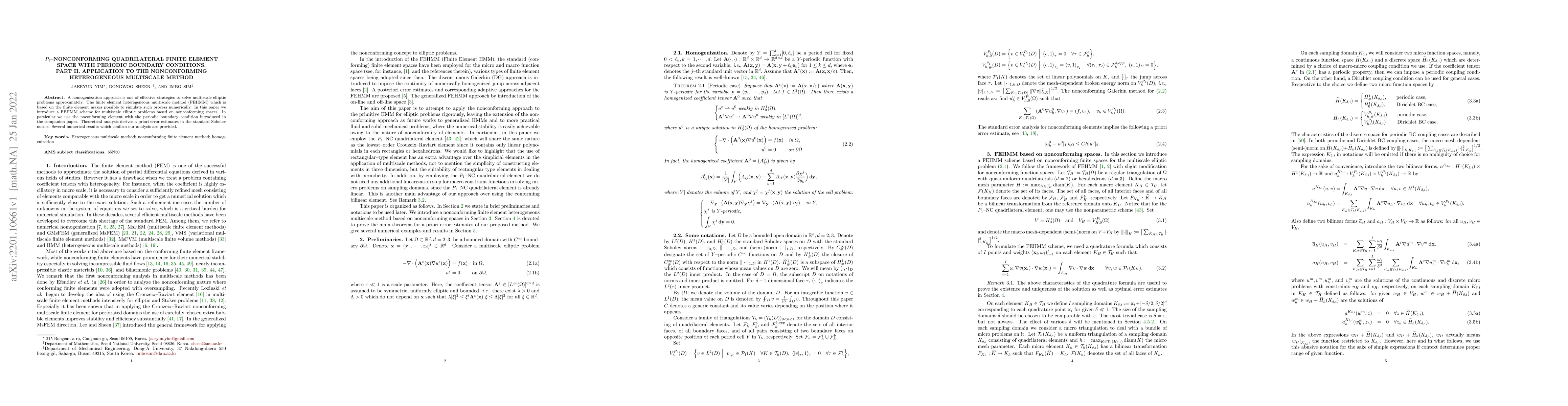 Thumbnail for $P_1$--Nonconforming Quadrilateral Finite Element Space with Periodic
  Boundary Conditions: Part II. Application to the Nonconforming Heterogeneous
  Multiscale Method
