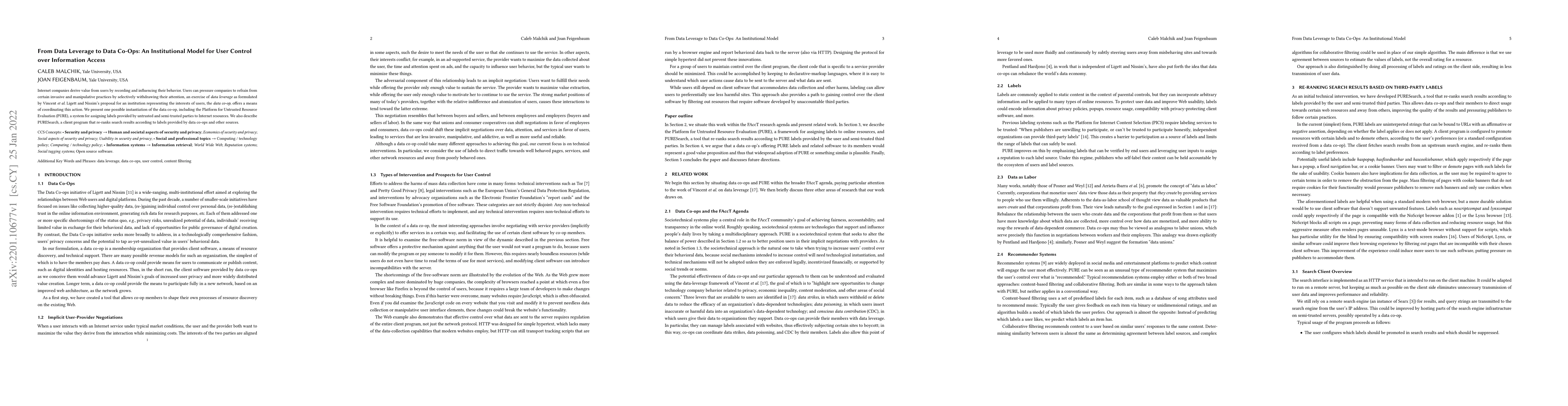 Thumbnail for From Data Leverage to Data Co-Ops: An Institutional Model for User
  Control over Information Access