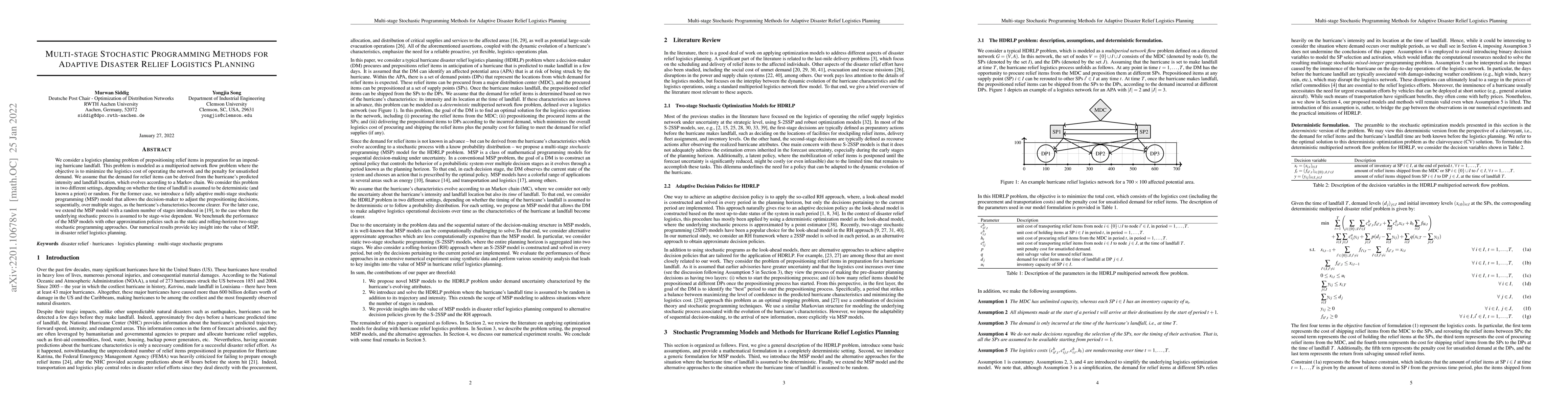 Thumbnail for Multi-stage Stochastic Programming Methods for Adaptive Disaster Relief
  Logistics Planning