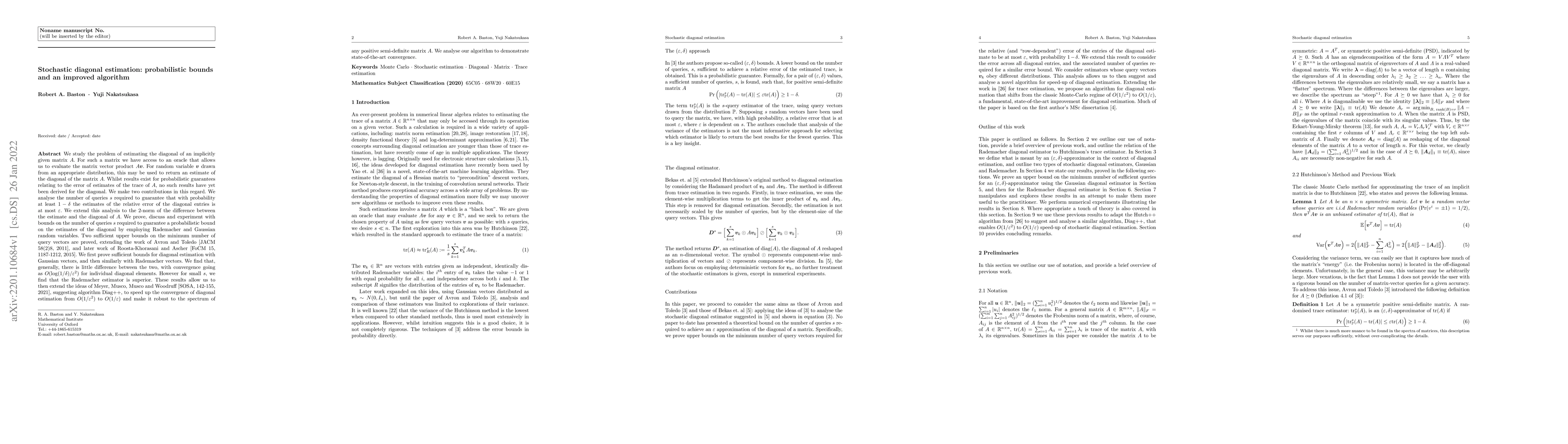 Thumbnail for Stochastic diagonal estimation: probabilistic bounds and an improved
  algorithm