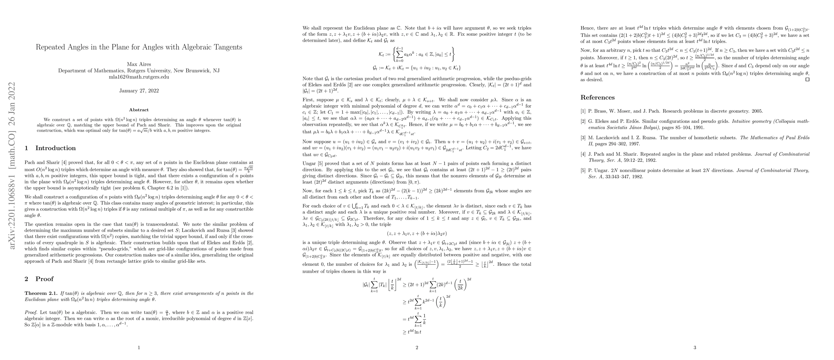 Thumbnail for Repeated Angles in the Plane for Angles with Algebraic Tangents