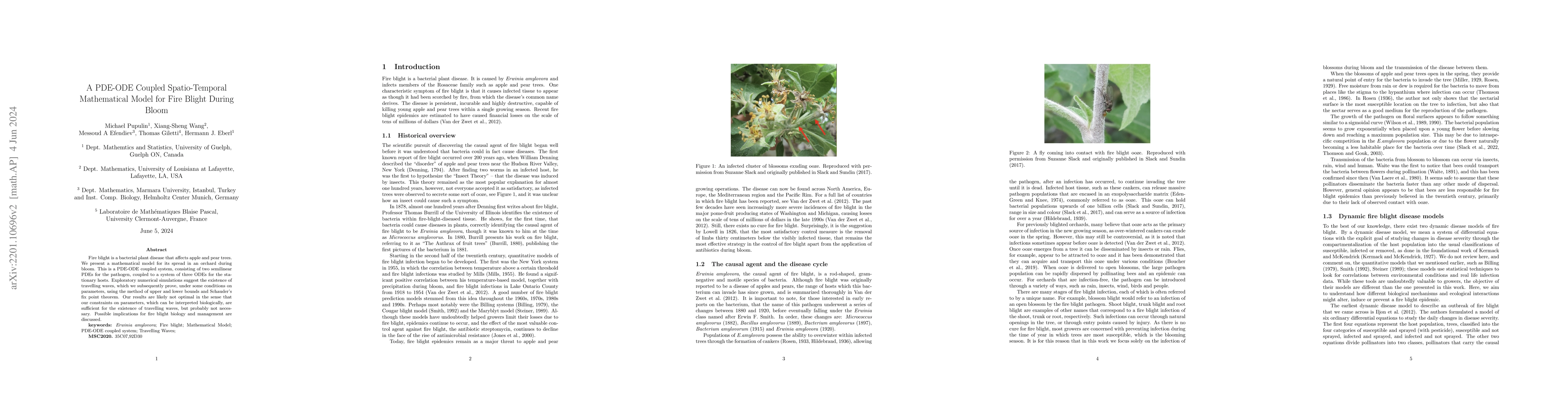 Thumbnail for A PDE-ODE Coupled Spatio-Temporal Mathematical Model for Fire Blight
  During Bloom