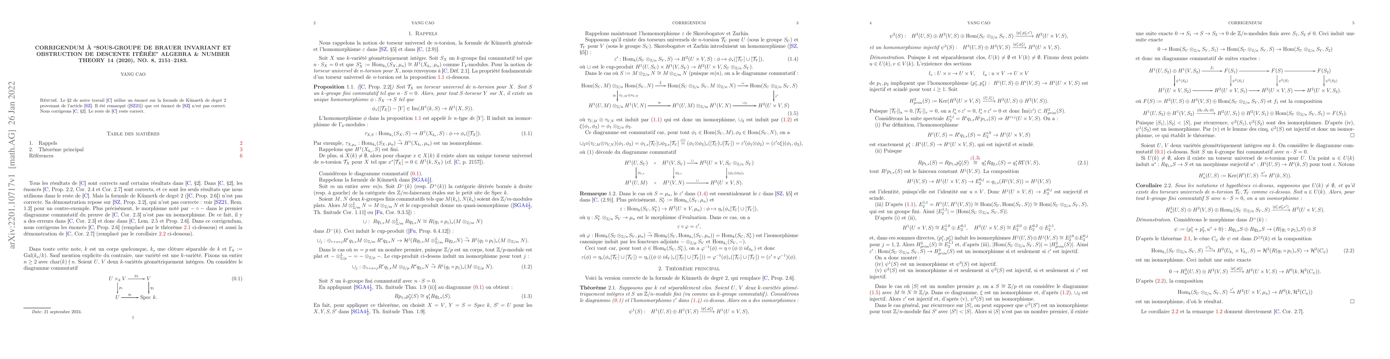 Thumbnail for Corrigendum \`a "Sous-groupe de Brauer invariant et obstruction de
  descente it\'er\'ee" Algebra & Number Theory 14 (2020), no. 8, 2151--2183