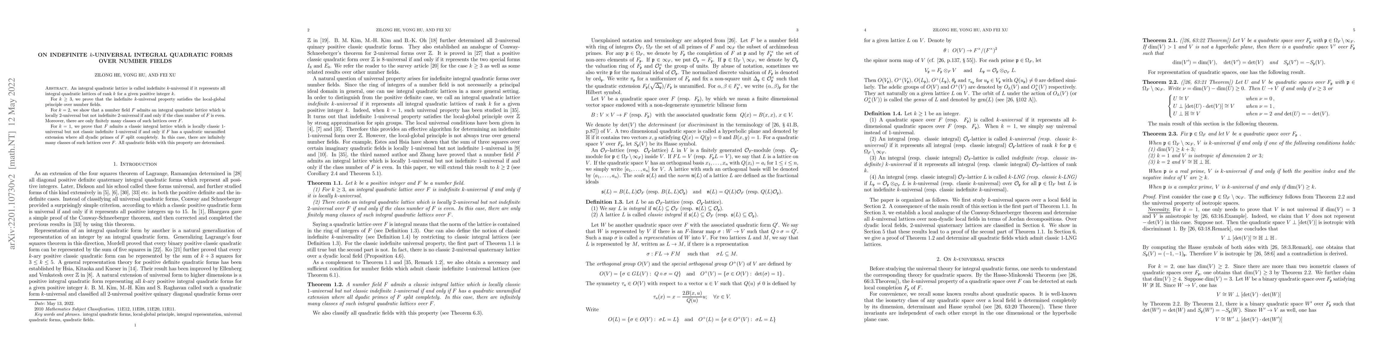 Thumbnail for On indefinite $k$-universal integral quadratic forms over number fields