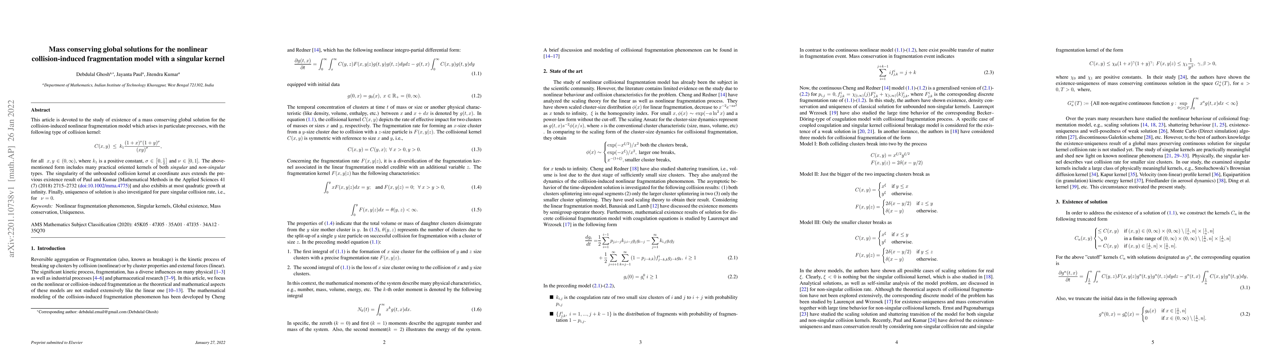 Thumbnail for Mass conserving global solutions for the nonlinear collision-induced
  fragmentation model with a singular kernel