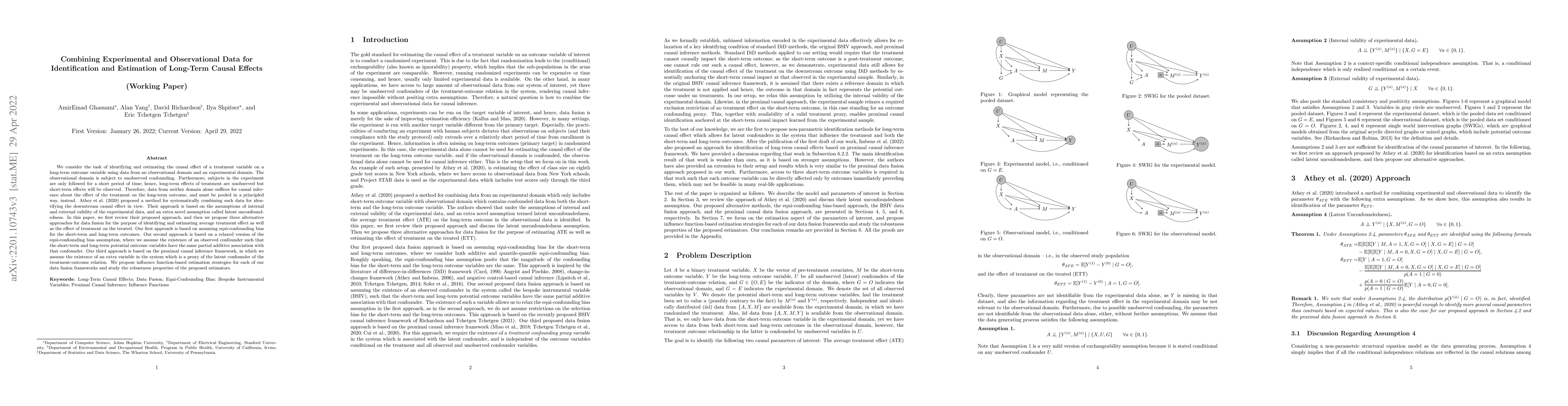 Thumbnail for Combining Experimental and Observational Data for Identification and
  Estimation of Long-Term Causal Effects