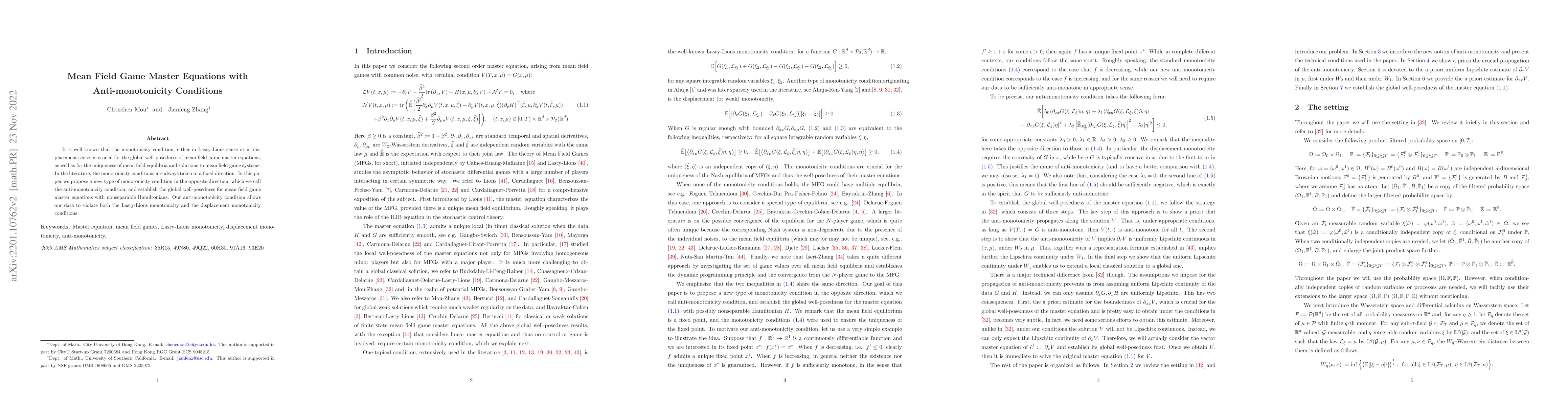 Thumbnail for Mean Field Game Master Equations with Anti-monotonicity Conditions