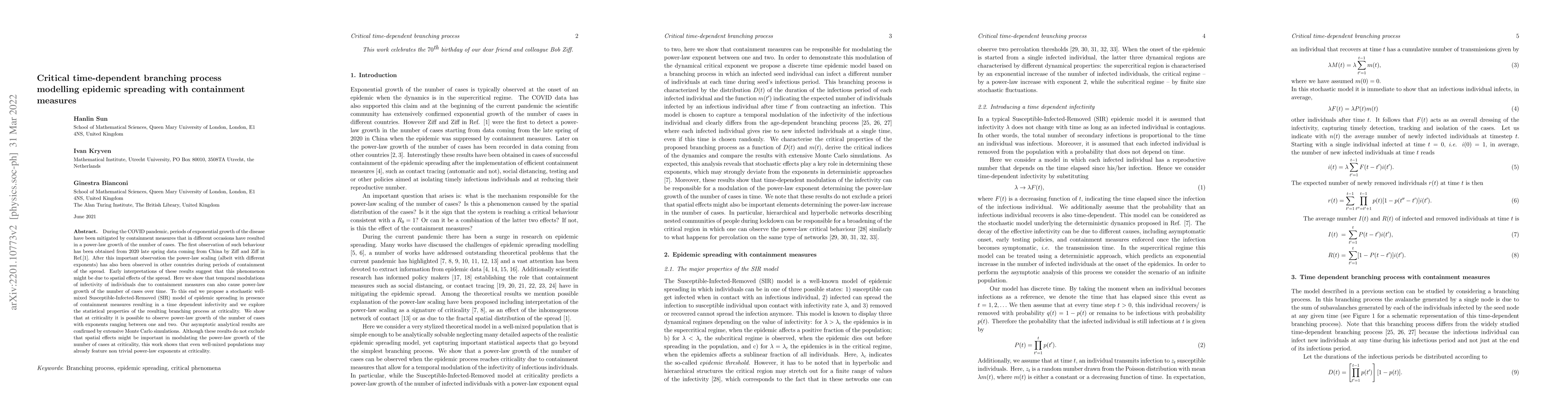 Thumbnail for Critical time-dependent branching process modelling epidemic spreading
  with containment measures