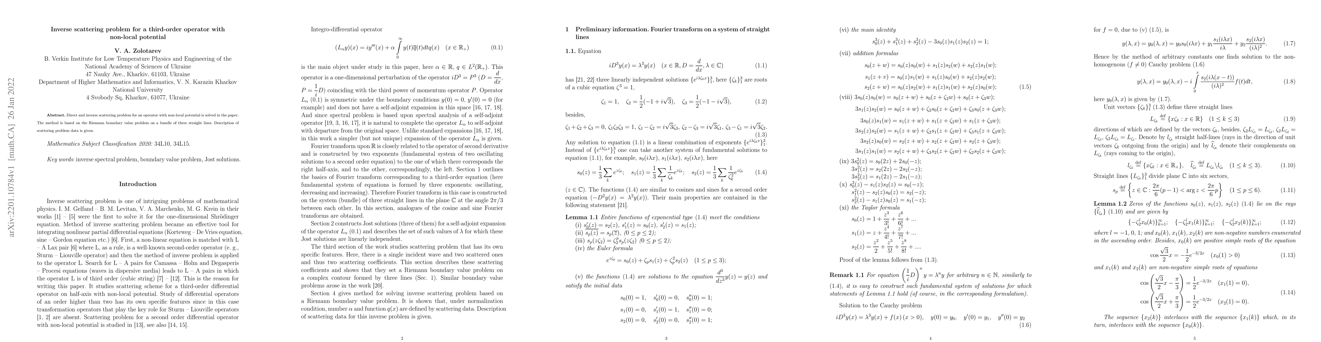 Thumbnail for Inverse scattering problem for a third-order operator with non-local
  potential
