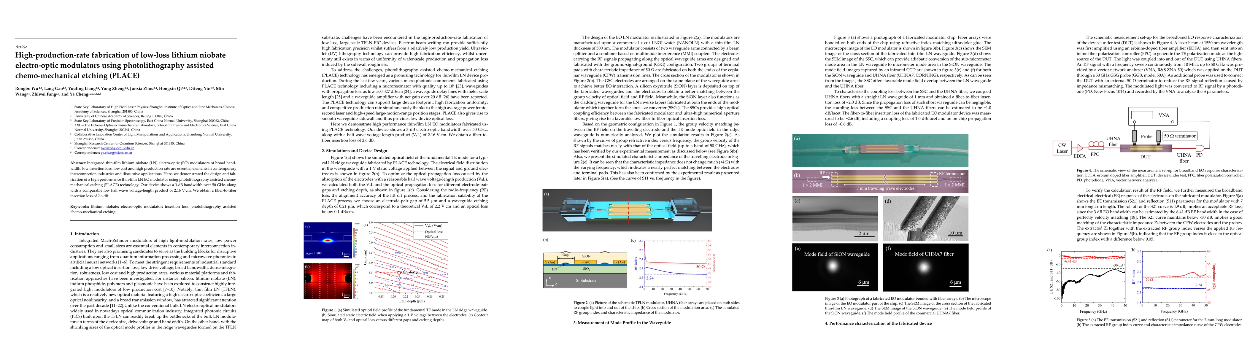 Thumbnail for High-production-rate fabrication of low-loss lithium niobate
  electro-optic modulators using photolithography assisted chemo-mechanical
  etching (PLACE)