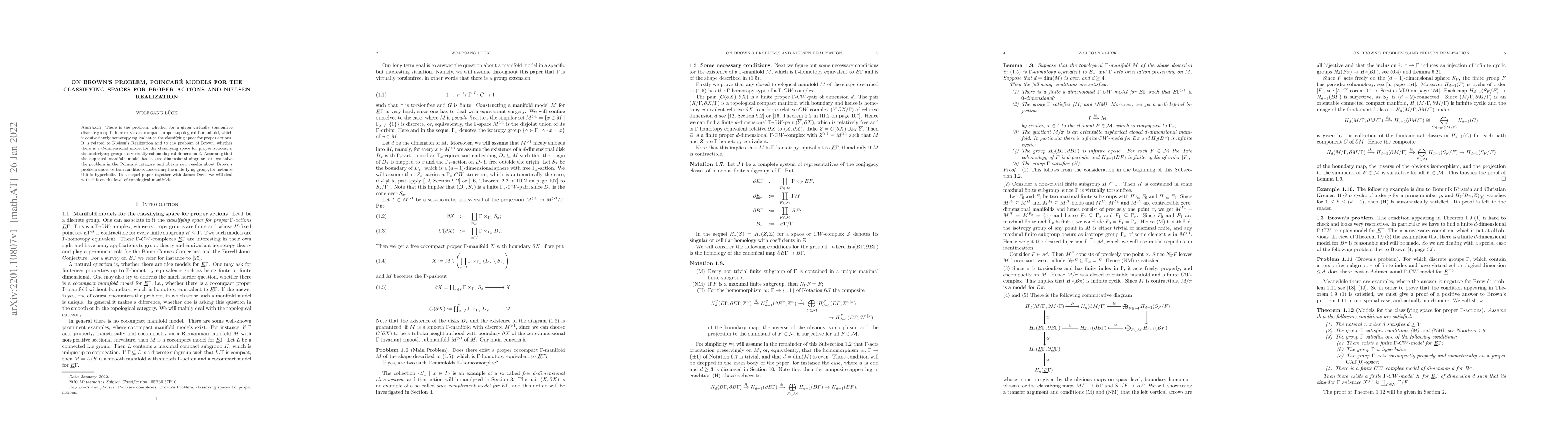 Thumbnail for On Brown's Problem, Poincare' models for the classifying spaces for
  proper actions and Nielsen Realization