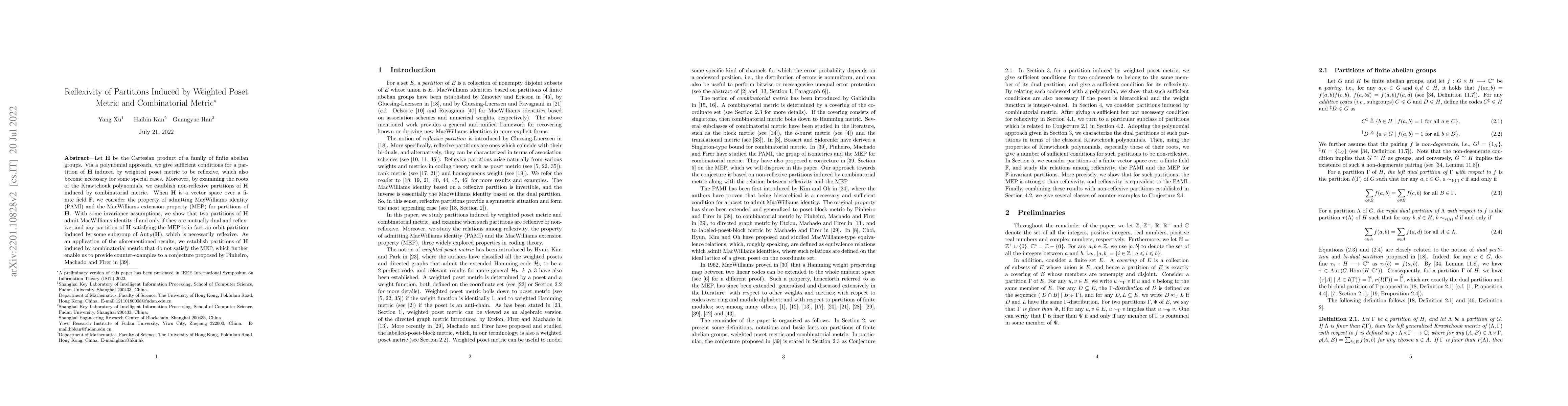 Thumbnail for Reflexivity of Partitions Induced by Weighted Poset Metric and
  Combinatorial Metric