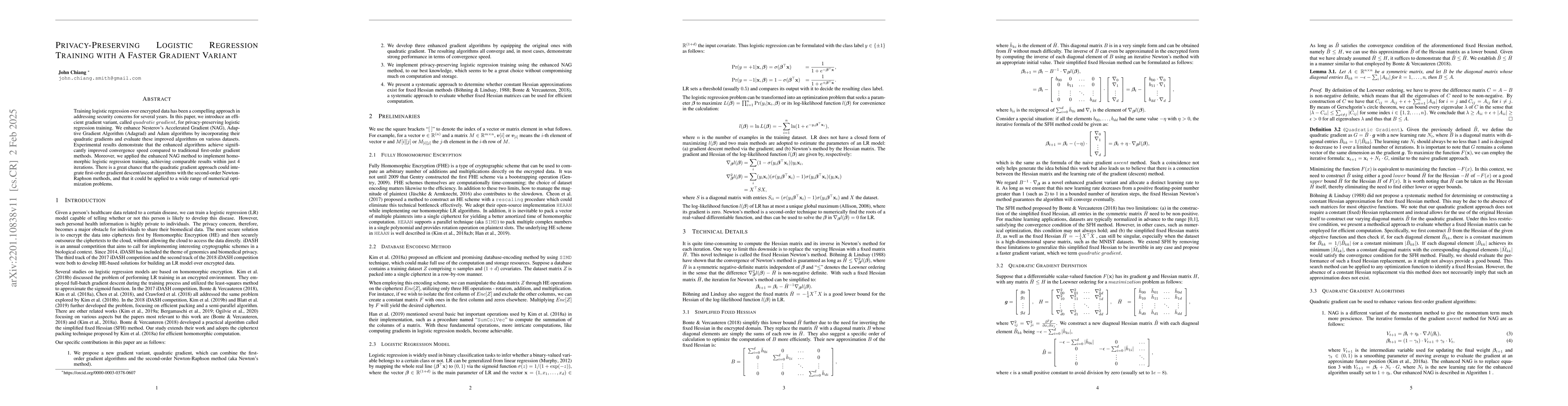 Thumbnail for Privacy-Preserving Logistic Regression Training with A Faster Gradient
  Variant