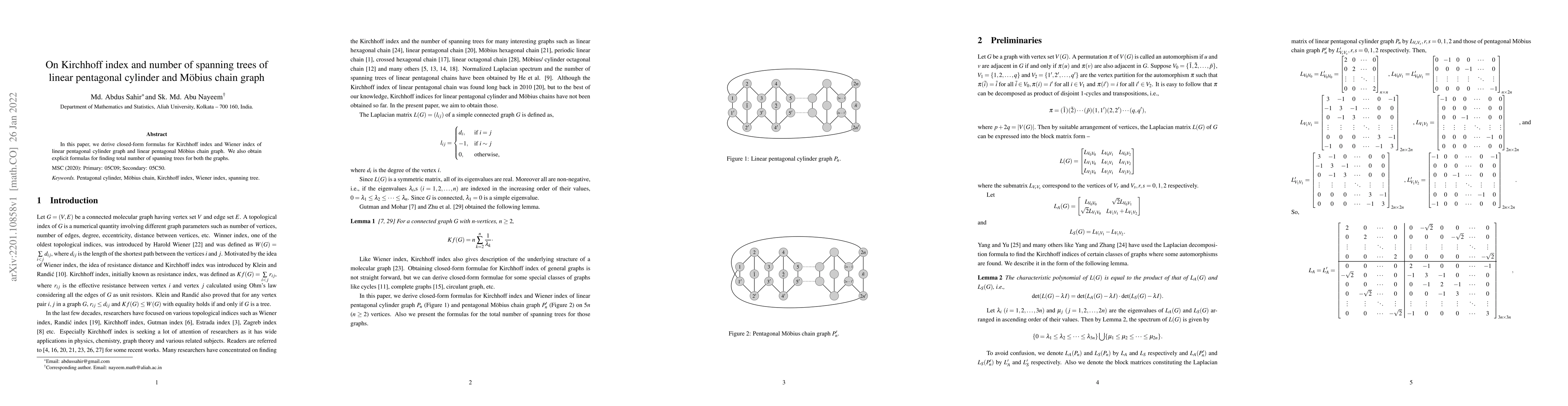Thumbnail for On Kirchhoff index and number of spanning trees of linear pentagonal
  cylinder and Mobius chain graph