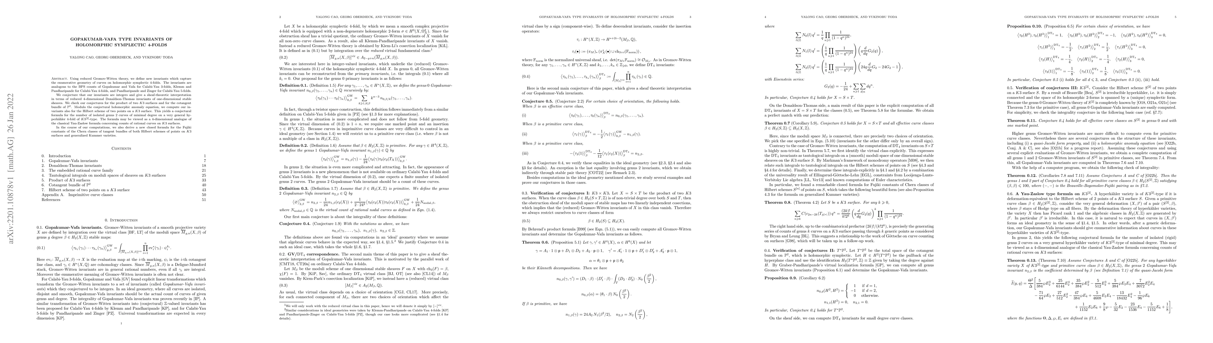 Thumbnail for Gopakumar-Vafa type invariants of holomorphic symplectic 4-folds