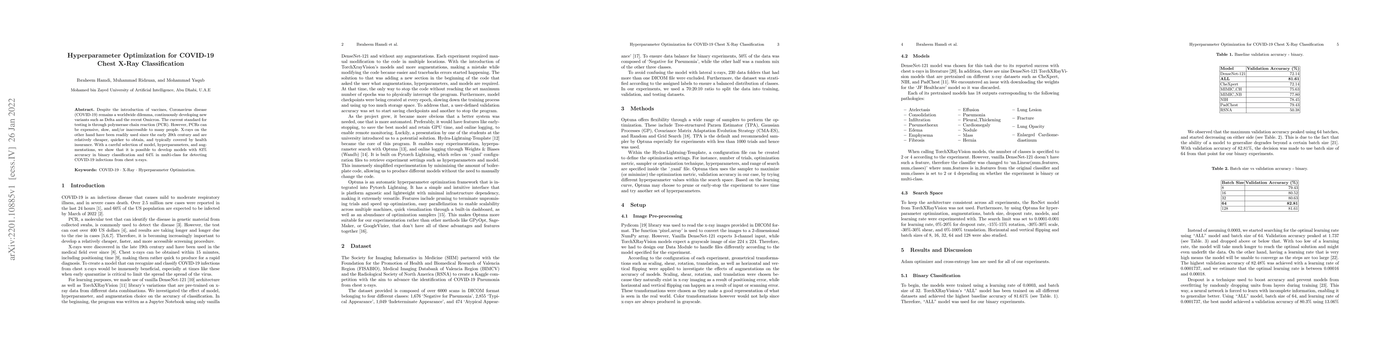 Thumbnail for Hyperparameter Optimization for COVID-19 Chest X-Ray Classification