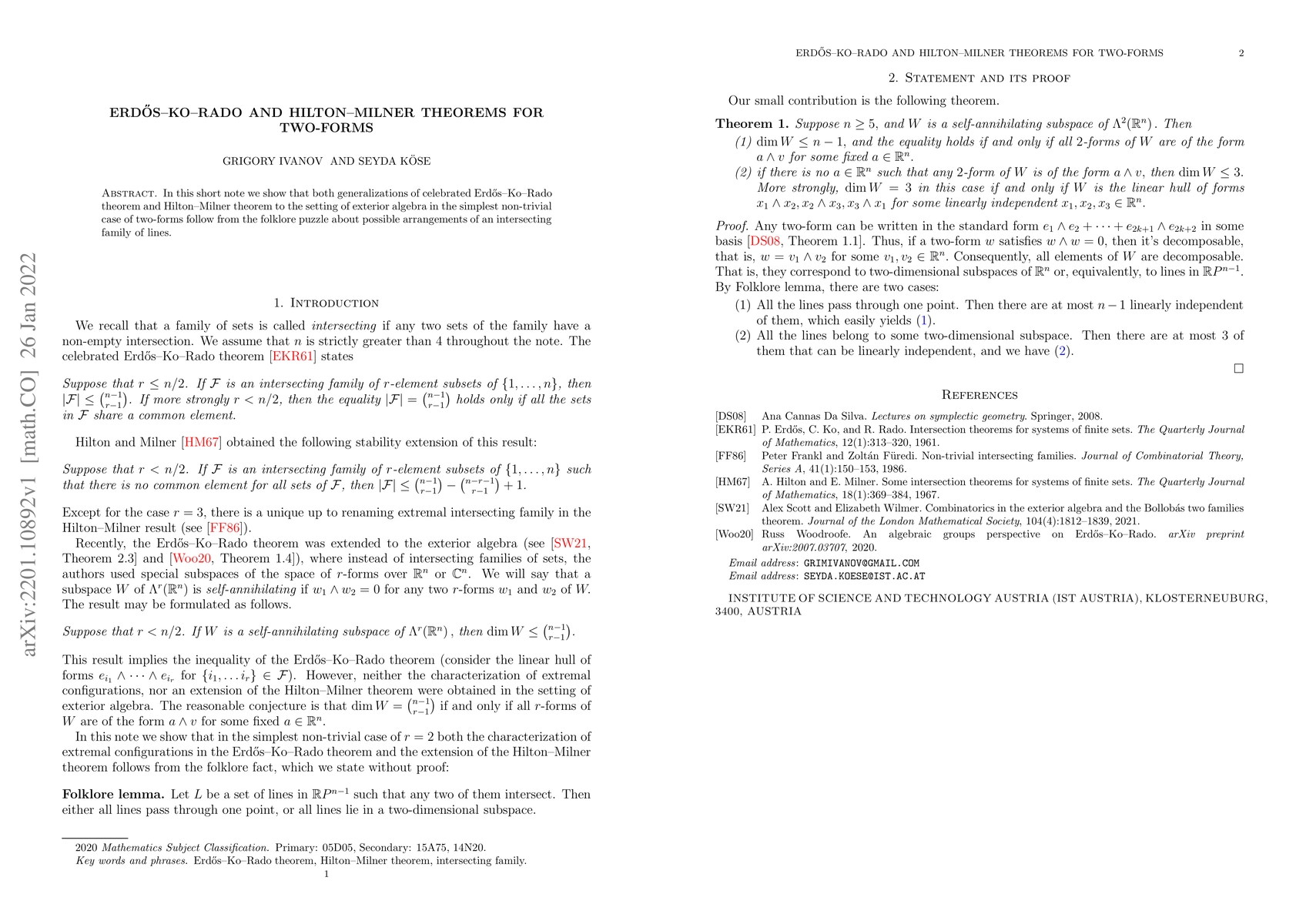 Thumbnail for Erd\H{o}s--Ko--Rado and Hilton--Milner theorems for two-forms
